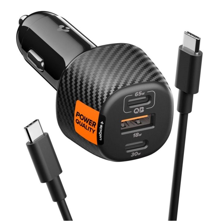 Automobilinis telefono įkroviklis su 3 USB jungtimis Spigen Essential EV1133 juodas