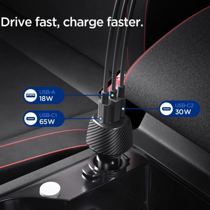 Automobilinis telefono įkroviklis su 3 USB jungtimis Spigen Essential EV1133 juodas