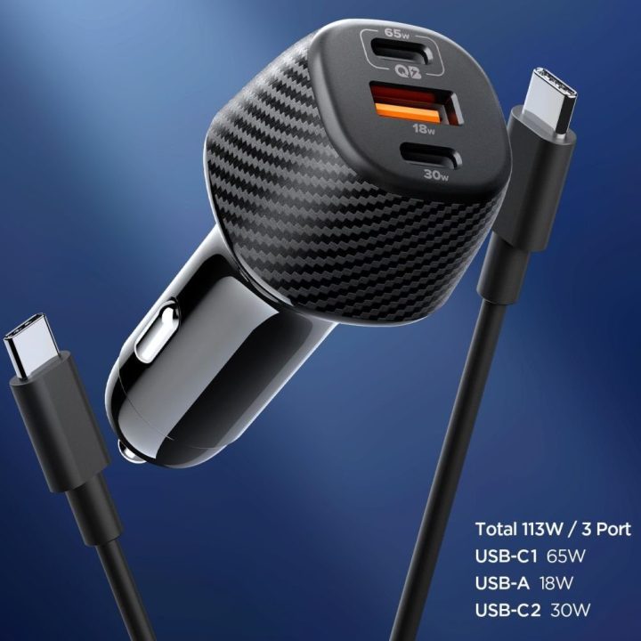 Automobilinis telefono įkroviklis su 3 USB jungtimis Spigen Essential EV1133 juodas