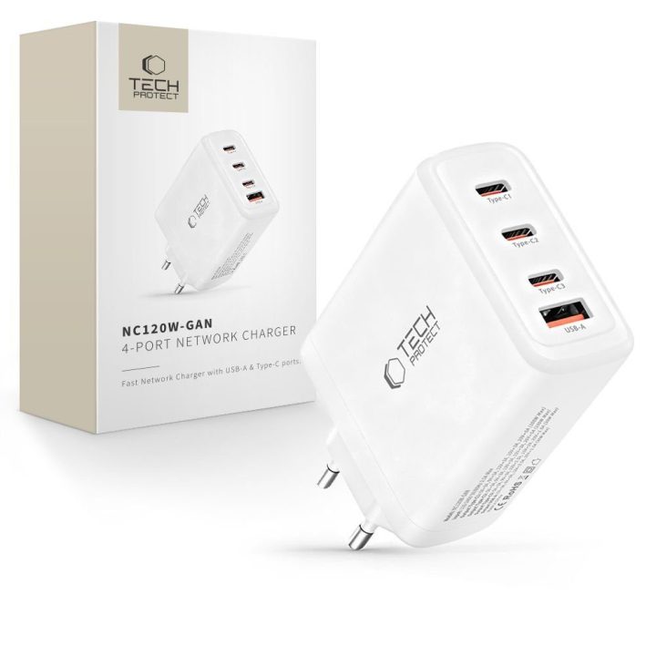Telefono įkroviklis 120 W su 4 USB jungtimis baltas