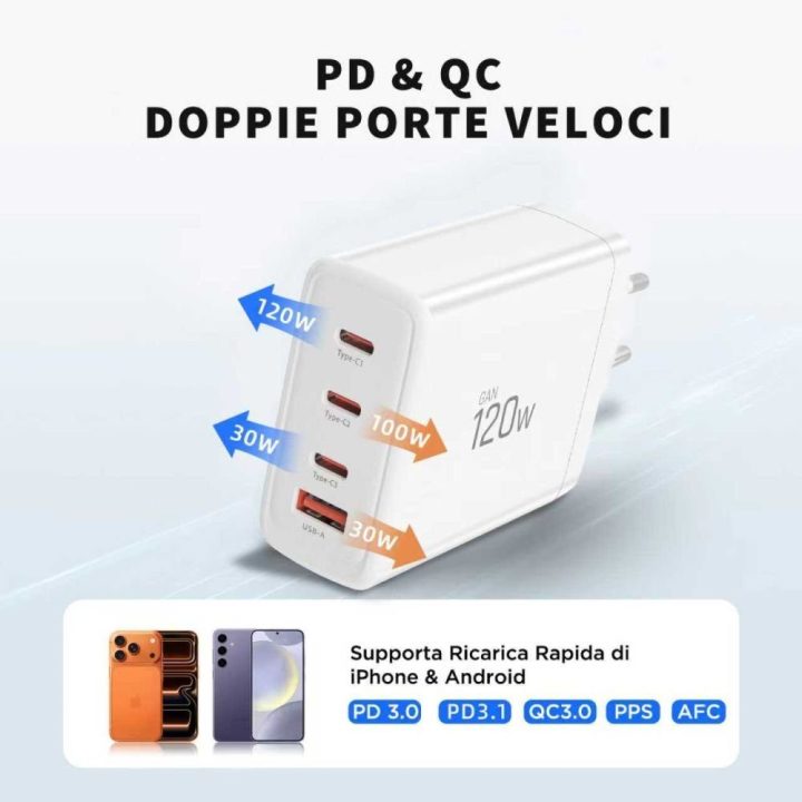 Telefono įkroviklis 120 W su 4 USB jungtimis baltas