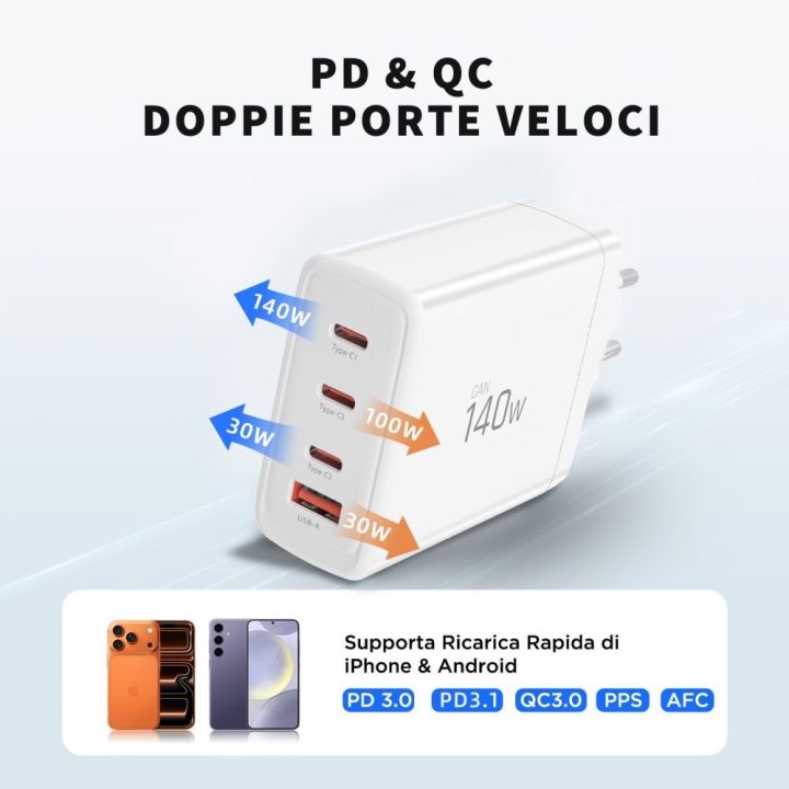 Telefono įkroviklis 140 W su 4 USB lizdais baltas