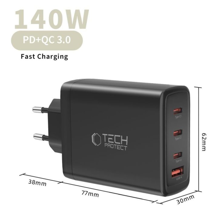 Telefono įkroviklis 140 W su 4 USB jungtimis juodas