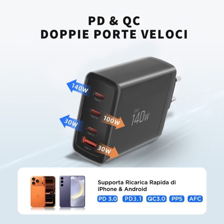 Telefono įkroviklis 140 W su 4 USB jungtimis juodas