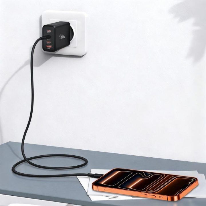 Telefono įkroviklis 140 W su 4 USB jungtimis juodas