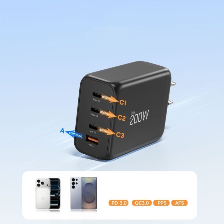 Telefono įkroviklis 4 USB lizdų 200 W juodas