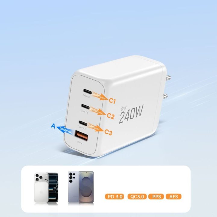 Telefono įkroviklis 240 W su 4 USB jungtimis baltas