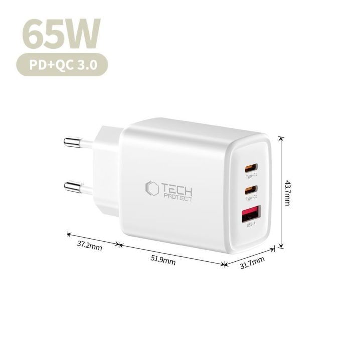 Telefono įkroviklis 65 W su 3 USB jungtimis baltas