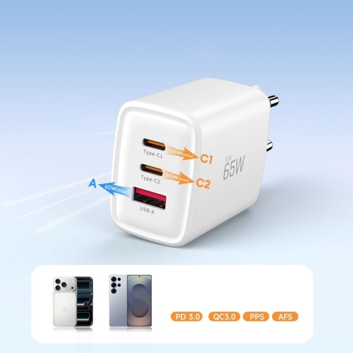 Telefono įkroviklis 65 W su 3 USB jungtimis baltas