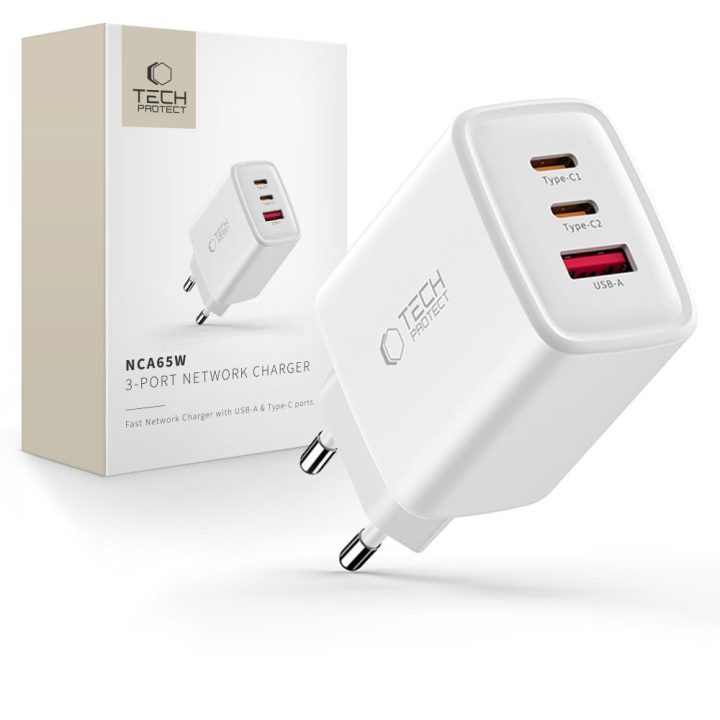 Telefono įkroviklis 65 W su 3 USB jungtimis baltas