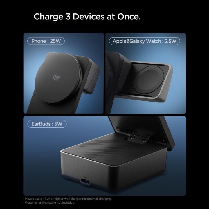 Telefono belaidis įkroviklis 25 W MagSafe 3in1 juodas Spigen