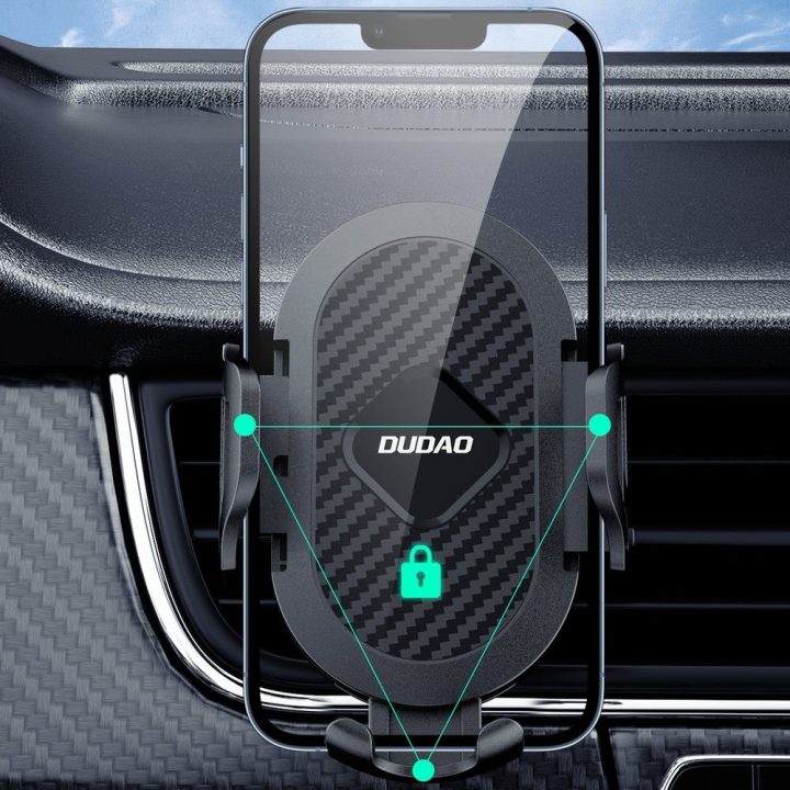 Telefono laikiklis automobiliui su spaustuku ventiliacijos angai juodas