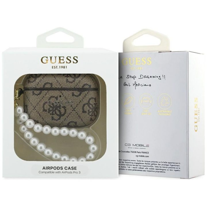 Dėklas ausinėms AirPods Pro 3 su perline rankenėle rudos spalvos Guess