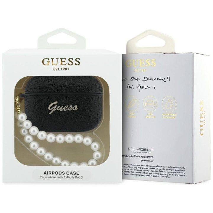 Dėklas ausinėms AirPods Pro 3 su perline rankenėle juodas Guess