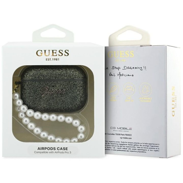 Dėklas ausinėms AirPods Pro 3 su perline rankenėle juodos spalvos Guess