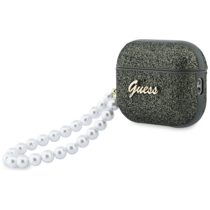 Dėklas ausinėms AirPods Pro 3 su perline rankenėle juodos spalvos Guess