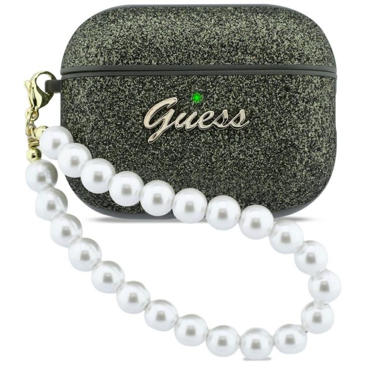 Dėklas ausinėms AirPods Pro 3 su perline rankenėle juodos spalvos Guess