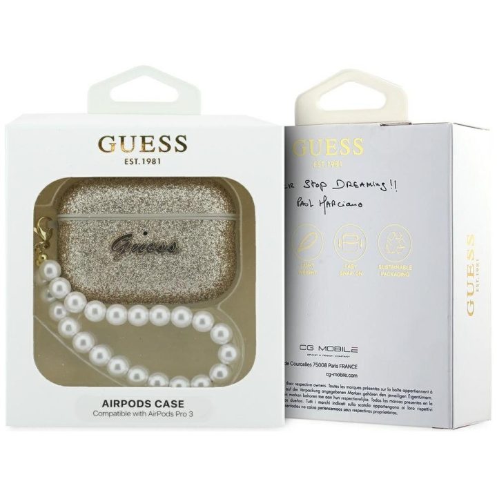 Dėklas ausinėms AirPods Pro 3 su perline rankena auksinės spalvos Guess