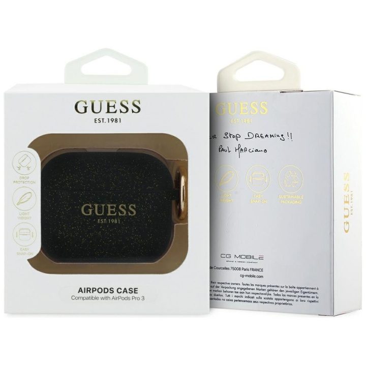 Dėklas ausinėms AirPods Pro 3 silikoninis su žiedu juodas Guess