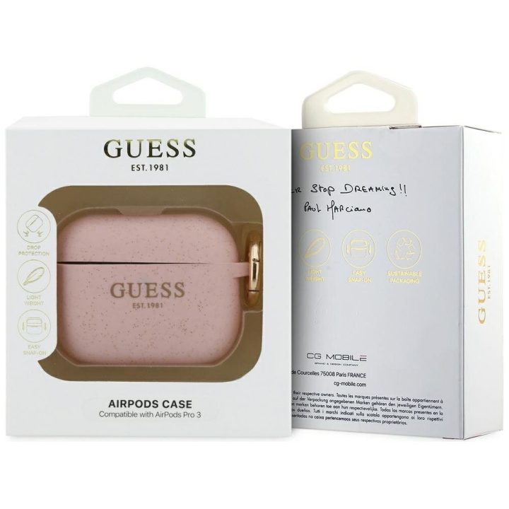 Dėklas ausinėms AirPods Pro 3 su žiedu rožinės spalvos Guess