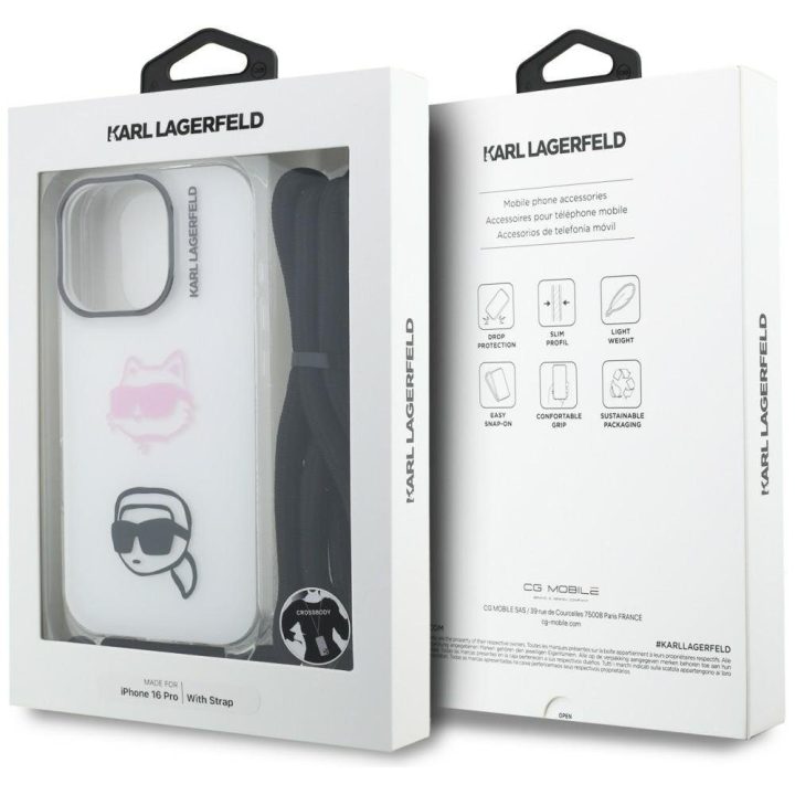 Dėklas telefonui iPhone 16 Pro su dirželiu balta Karl Lagerfeld