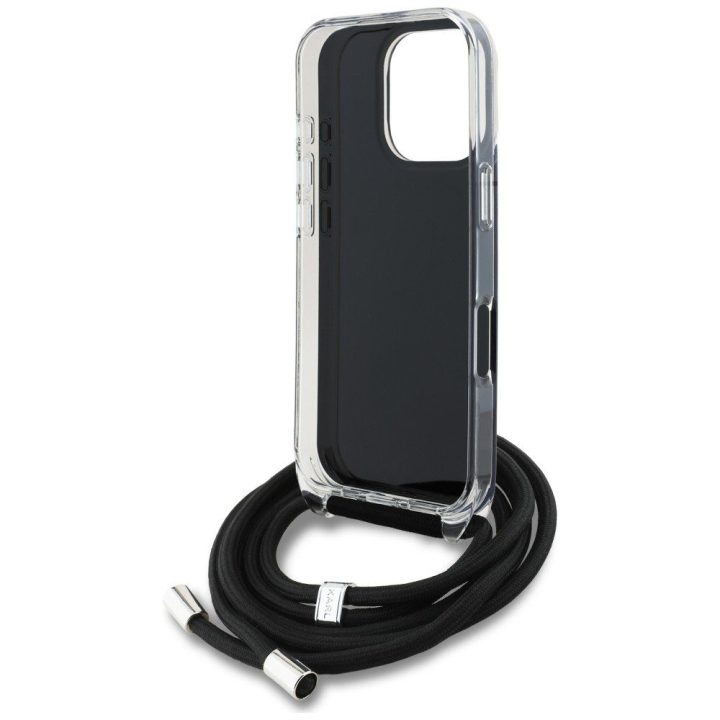 Dėklas telefonui iPhone 16 Pro su dirželiu juodas Karl Lagerfeld