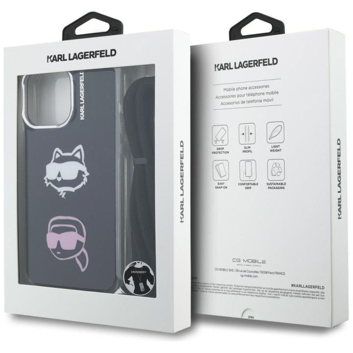 Dėklas telefonui iPhone 16 Pro su dirželiu juodas Karl Lagerfeld