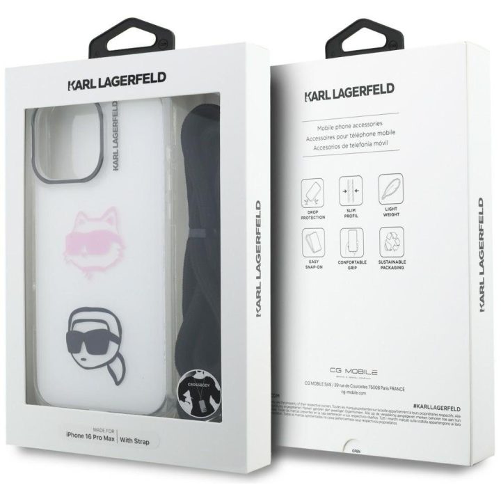 Dėklas telefonui iPhone 16 Pro Max su dirželiu baltas Karl Lagerfeld