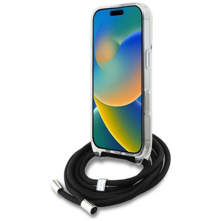 Dėklas telefonui iPhone 16 Pro Max su dirželiu baltas Karl Lagerfeld