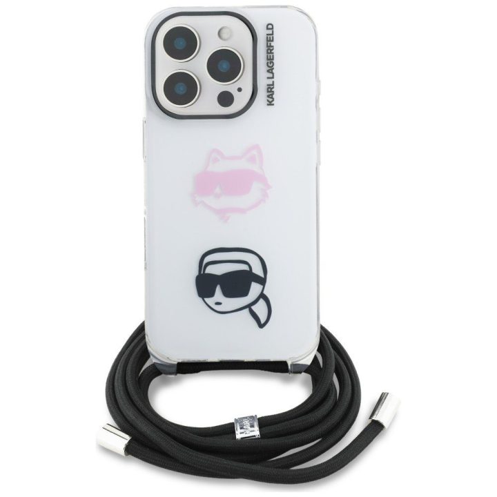 Dėklas telefonui iPhone 16 Pro Max su dirželiu baltas Karl Lagerfeld