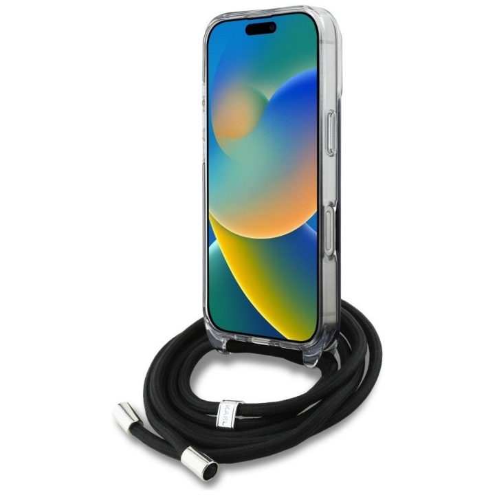 Dėklas telefonui iPhone 16 Pro Max su virve juodas Karl Lagerfeld