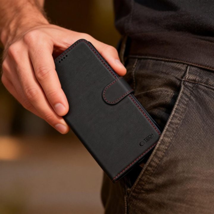 Dėklas telefonui Samsung Galaxy S26 su kortelių skyreliais juodas ir raudonas