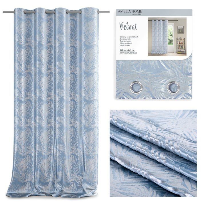 Užuolaida su lapų raštu šviesiai mėlyna Velvet Amelia Home