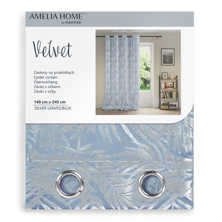 Užuolaida su lapų raštu šviesiai mėlyna Velvet Amelia Home