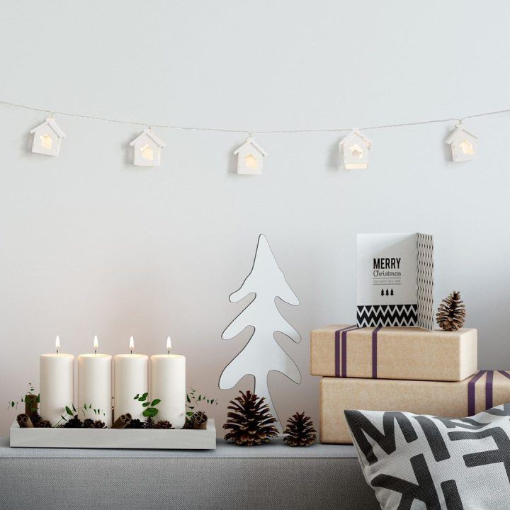 Mediniai kalėdiniai nameliai su LED, rinkinys 10 vnt.