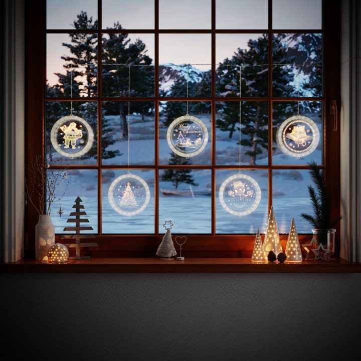 LED vitražiniai apvalūs kalėdiniai žaisliukai CHRISTMASMOOD, rinkinys 5 vnt.