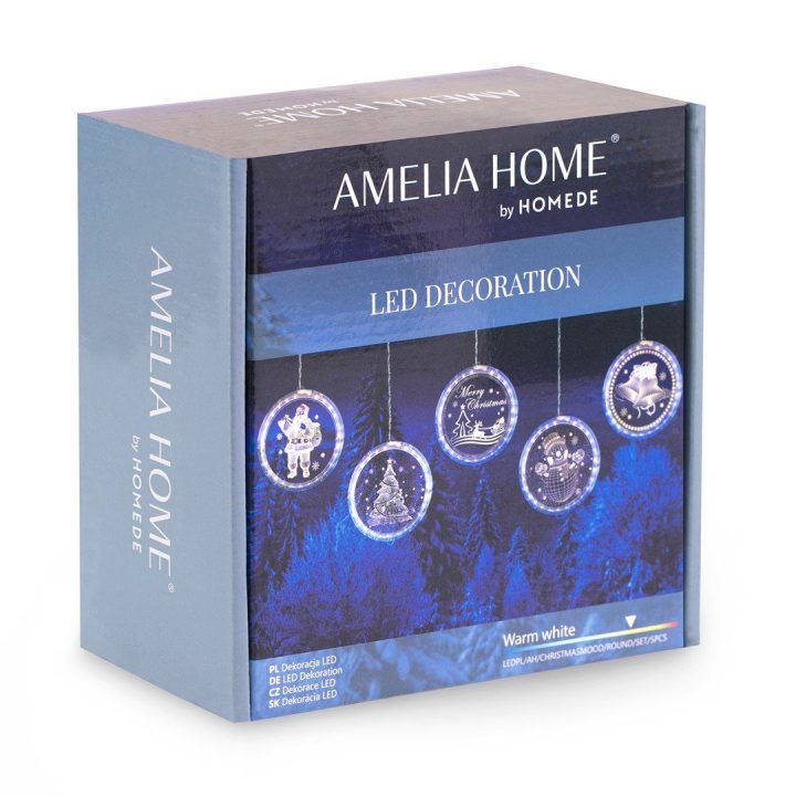 LED vitražiniai apvalūs kalėdiniai žaisliukai CHRISTMASMOOD, rinkinys 5 vnt.