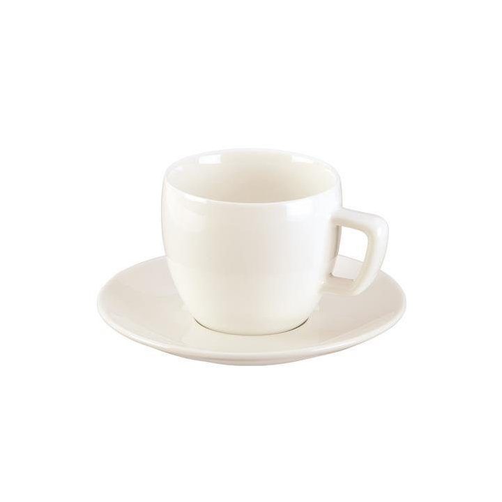 Kreminės spalvos cappuccino puodelis su lėkštute