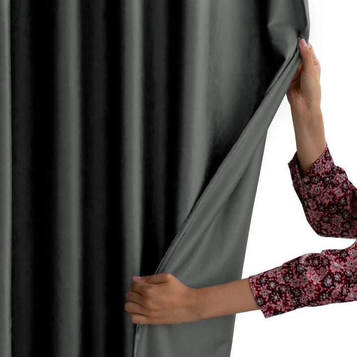 Užuolaida su surišimu velvetinė tamsiai pilkos spalvos