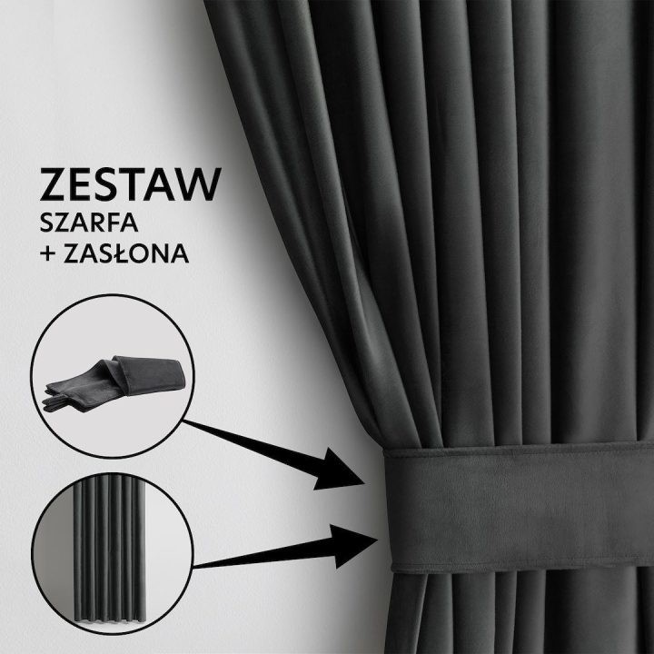 Užuolaida su surišimu velvetinė tamsiai pilkos spalvos