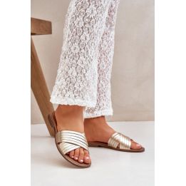 Auksinės odinės moteriškos šlepetės Shoes
