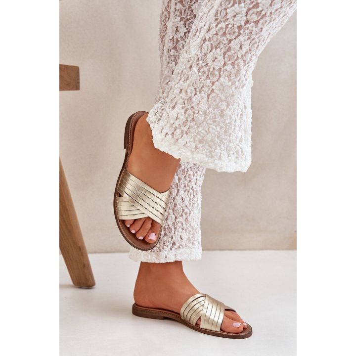 Auksinės odinės moteriškos šlepetės Shoes