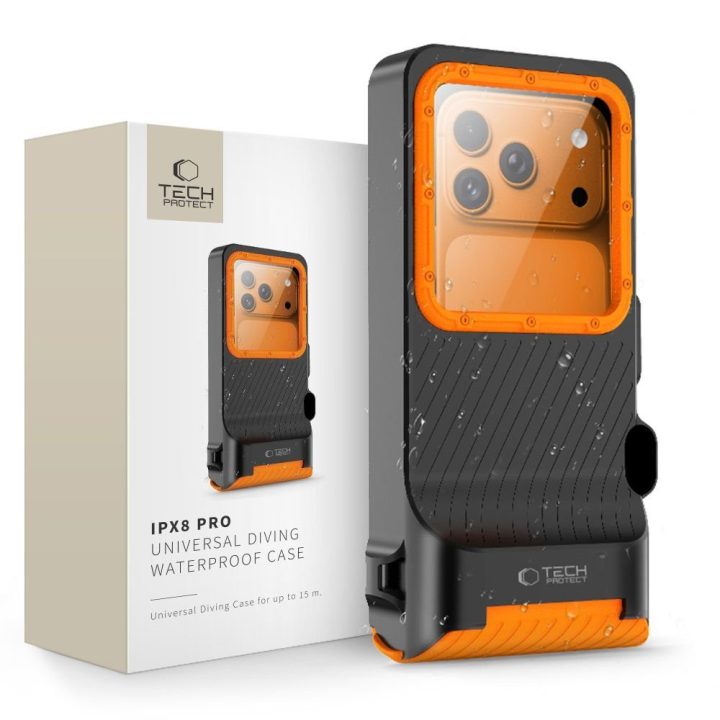 Vandeniui atsparus dėklas telefonui IPX8, 4,7–6,9 col. – Tech-Protect (oranžinė ir juoda)
