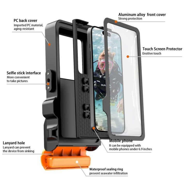 Vandeniui atsparus dėklas telefonui IPX8, 4,7–6,9 col. – Tech-Protect (oranžinė ir juoda)