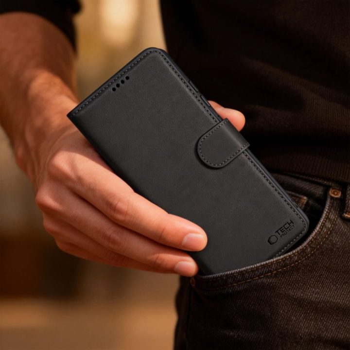 Knyginis dėklas Samsung Galaxy A36 / A56 / A37 5G, juodas, iš dirbtinės odos Tech-Protect