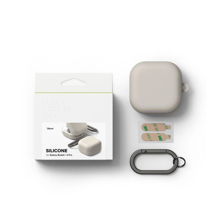 Silikoninis dėklas Samsung Galaxy Buds 4 / Buds 4 Pro, smėlio spalvos, Ringke