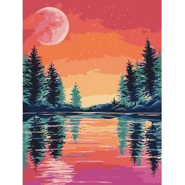 Tapyba pagal skaičius Rožinis mėnulis virš miško ežero 30 × 40 cm