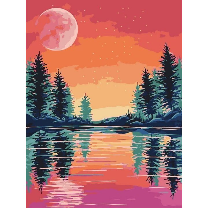 Tapyba pagal skaičius Rožinis mėnulis virš miško ežero 30 × 40 cm