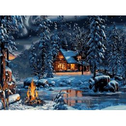 Tapyba pagal skaičius Žiemos namelis prie laužo 30 × 40 cm