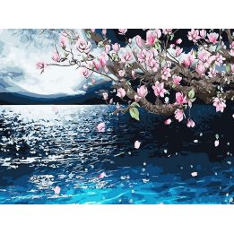 Tapyba pagal skaičius Magnolijos šaka virš mėlyno vandens 30×40 cm
